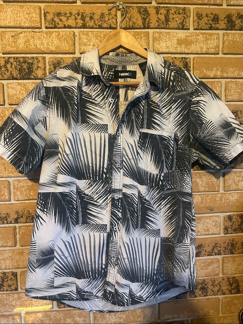 Tony Hawk Black & White Palm-Print Short Sleeve Button-Down Shirt